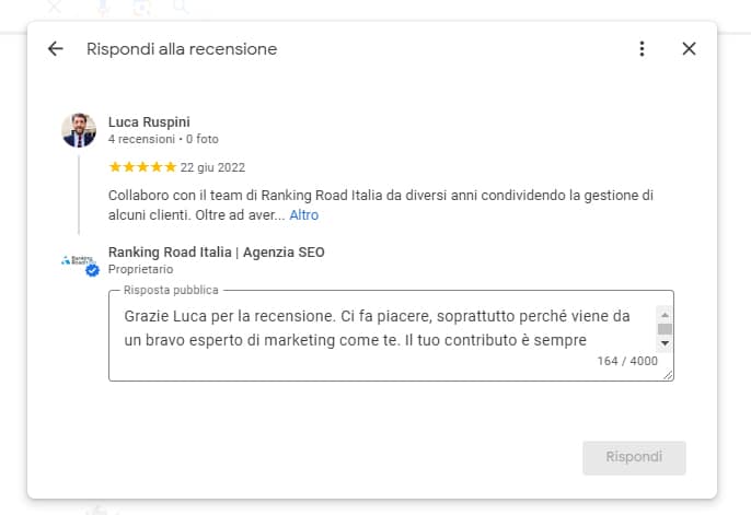 Esempio di risposta a una recensione positiva nella nostra GBP