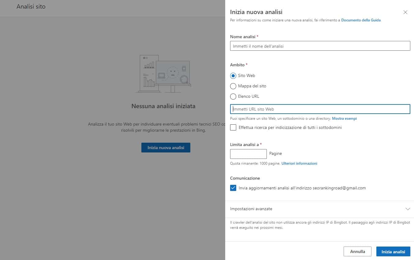 analisi sito seo bing webmaster tools