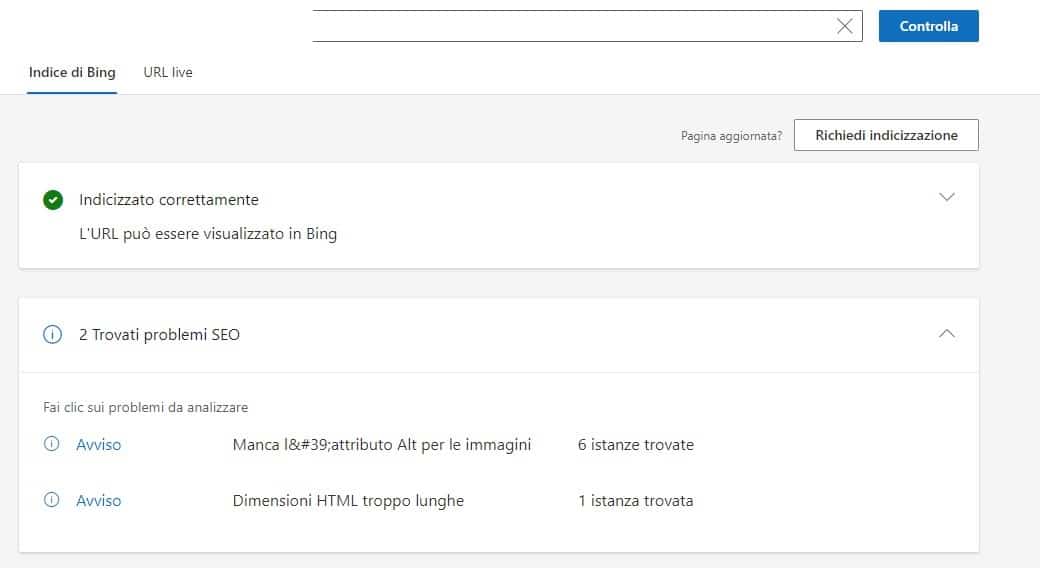 strumento controllo URL bing webmaster tools